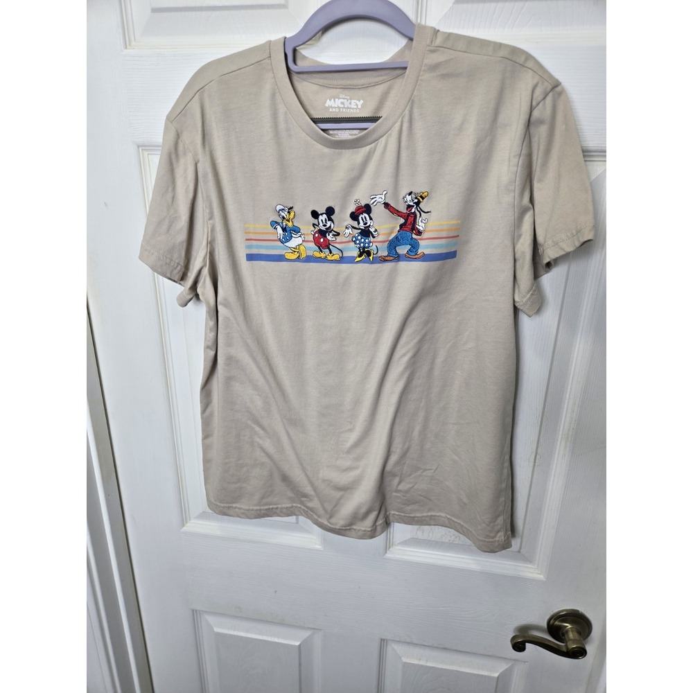 Mickey And Friends Goofy Minnie Daffy Disney Embroidered T Shirt Large Beige